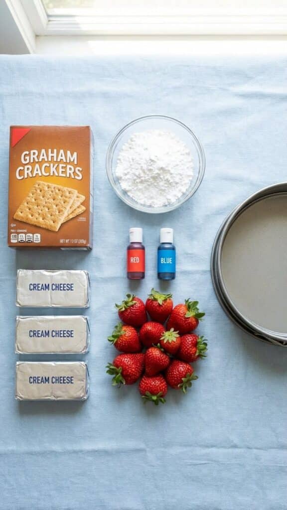 Flat lay of ingredients for red white and blue cheesecake including gel food coloring.