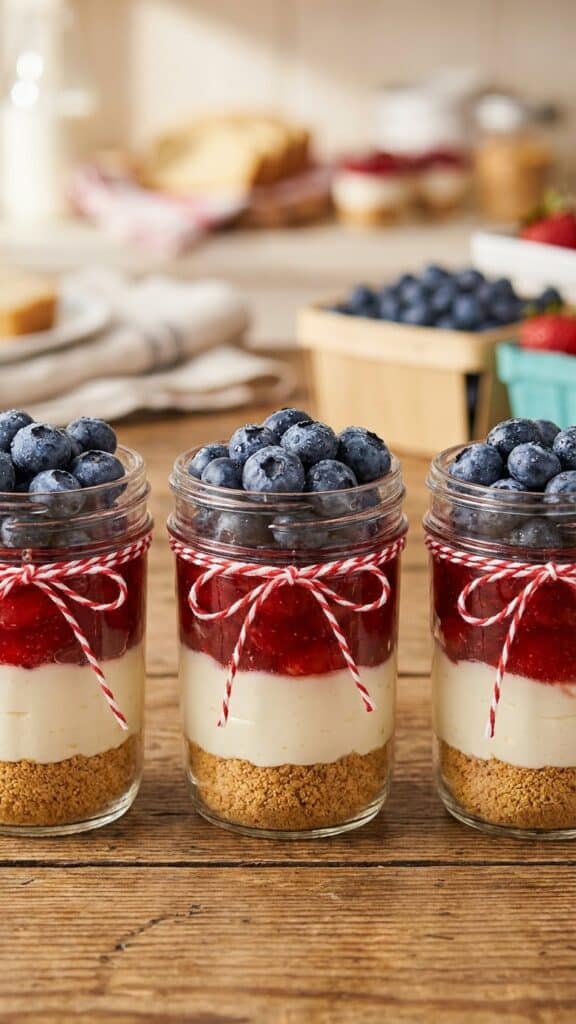 Individual patriotic cheesecakes served in mason jars with layered fruit.