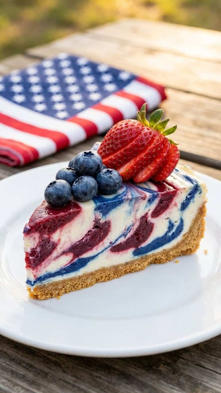Slice of patriotic no-bake cheesecake with red, white, and blue swirls.