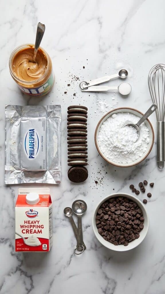 Flat lay of ingredients for peanut butter pie including peanut butter, cream cheese, Oreos, and cream.