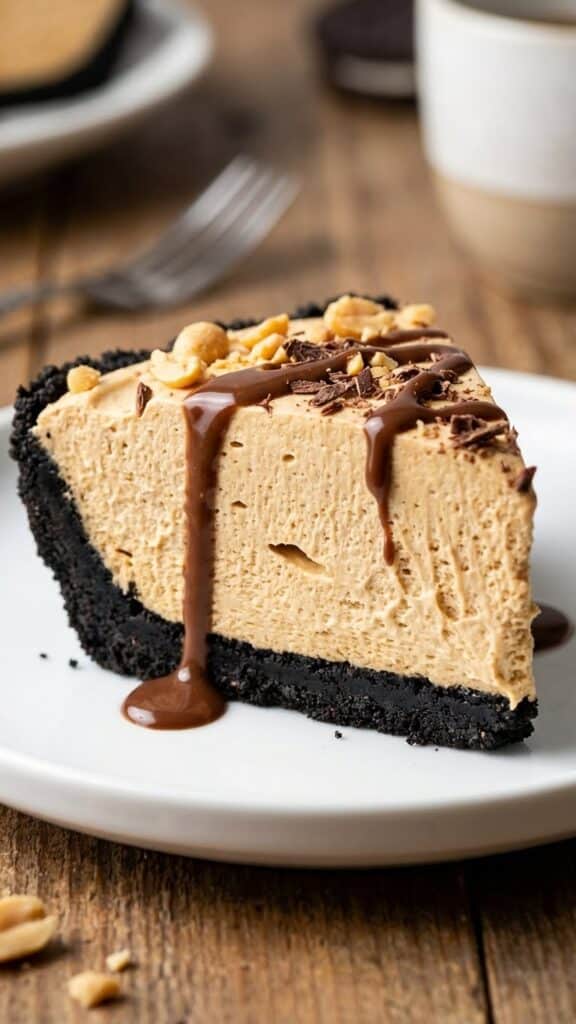 Close-up side view of a slice of peanut butter pie showing the fluffy mousse texture.