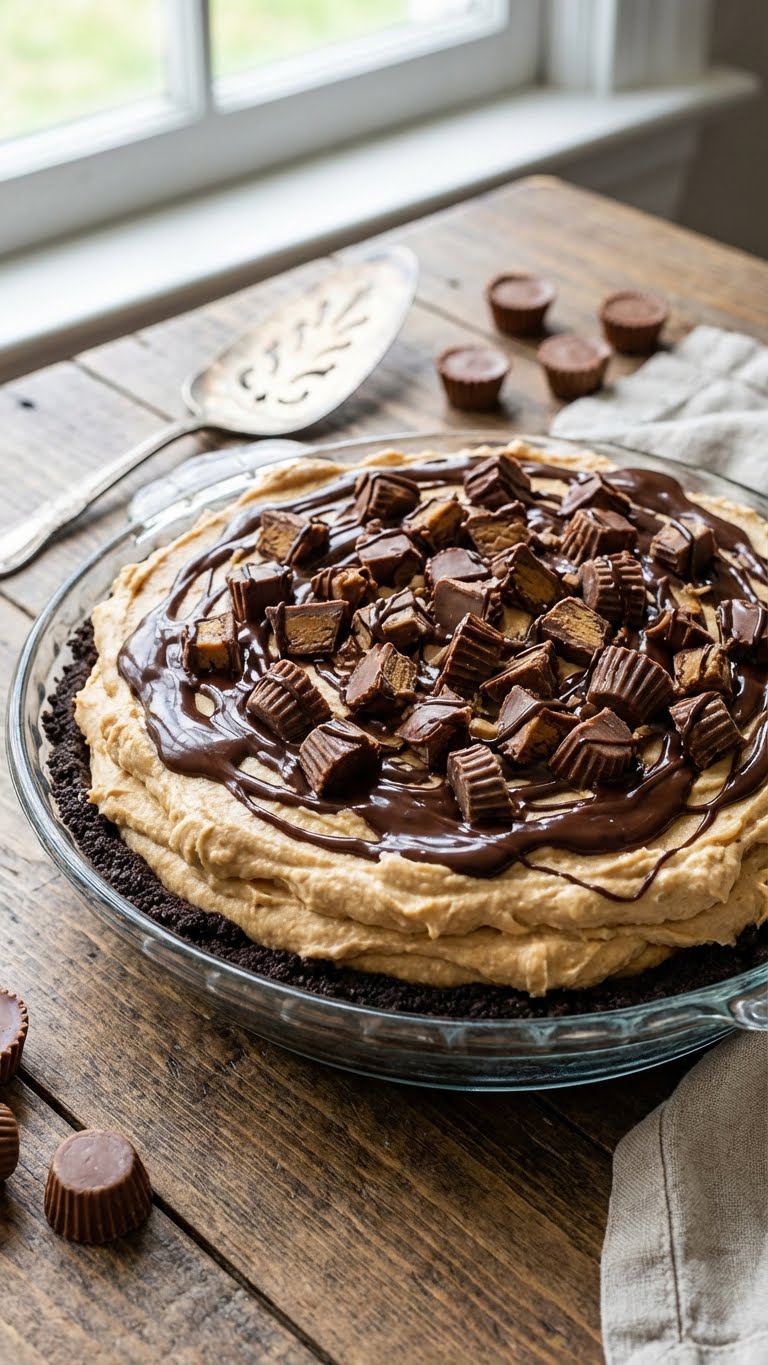 A whole no-bake peanut butter pie with an Oreo crust, chocolate drizzle, and chopped candy toppings.