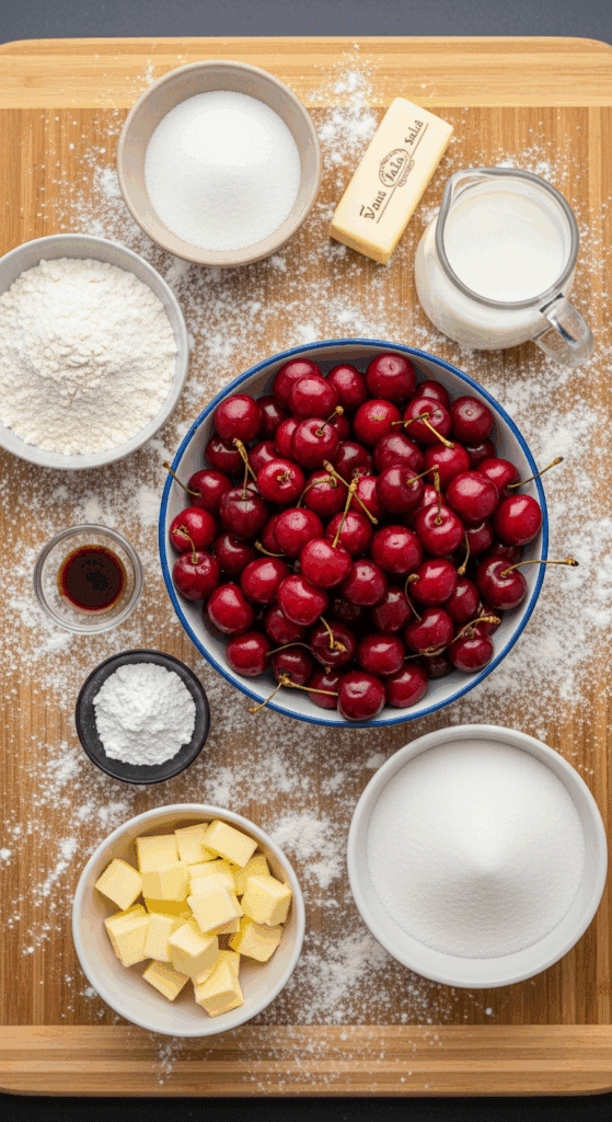 Overhead view of ingredients for cherry cobbler: a bowl of red cherries, flour, sugar, butter cubes, milk, and vanilla arranged on a wooden board.