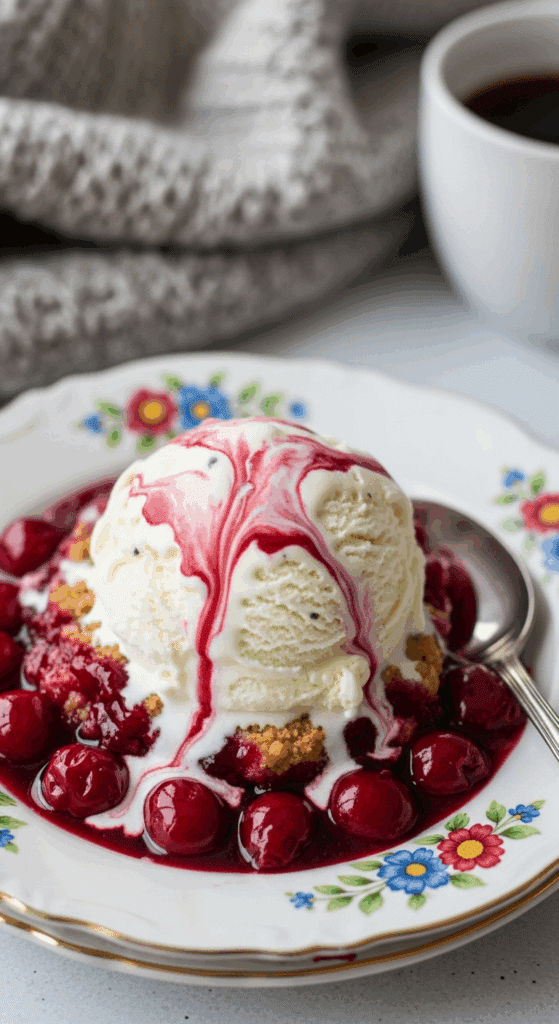 A bowl of warm cherry cobbler topped with a melting scoop of vanilla ice cream, served in a cozy setting with a coffee mug in the background.