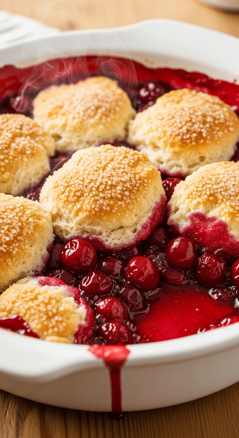 A close-up photograph of a hot, bubbling cherry cobbler in a white dish with a golden-brown sugar-crusted biscuit topping and steam rising.