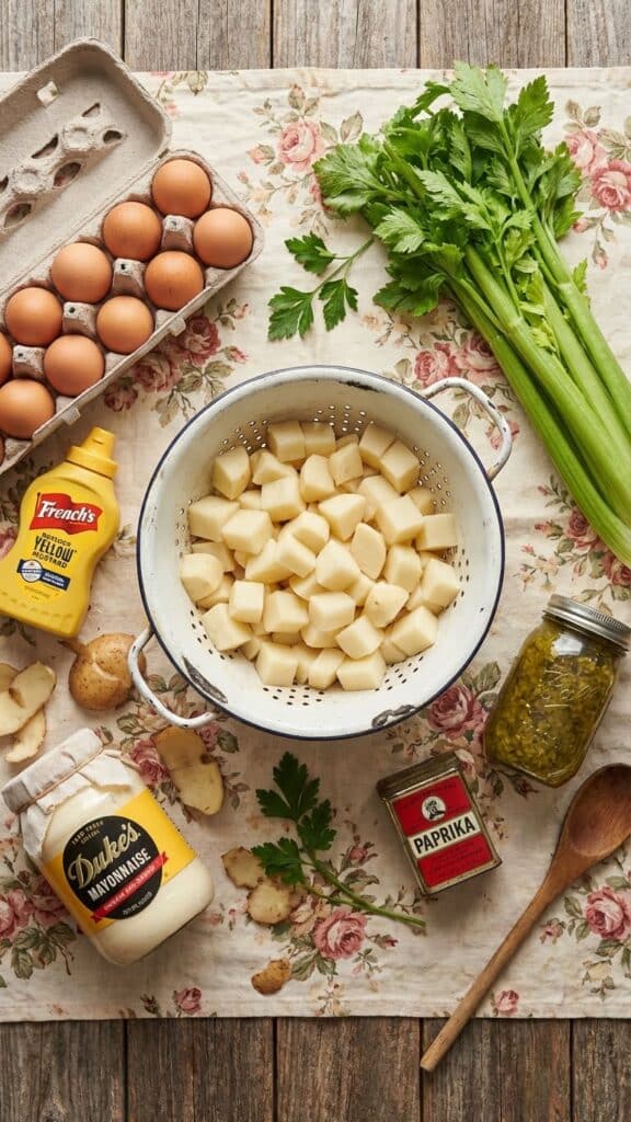 Ingredients for potato salad including potatoes, eggs, celery, mayonnaise, mustard, and relish.
