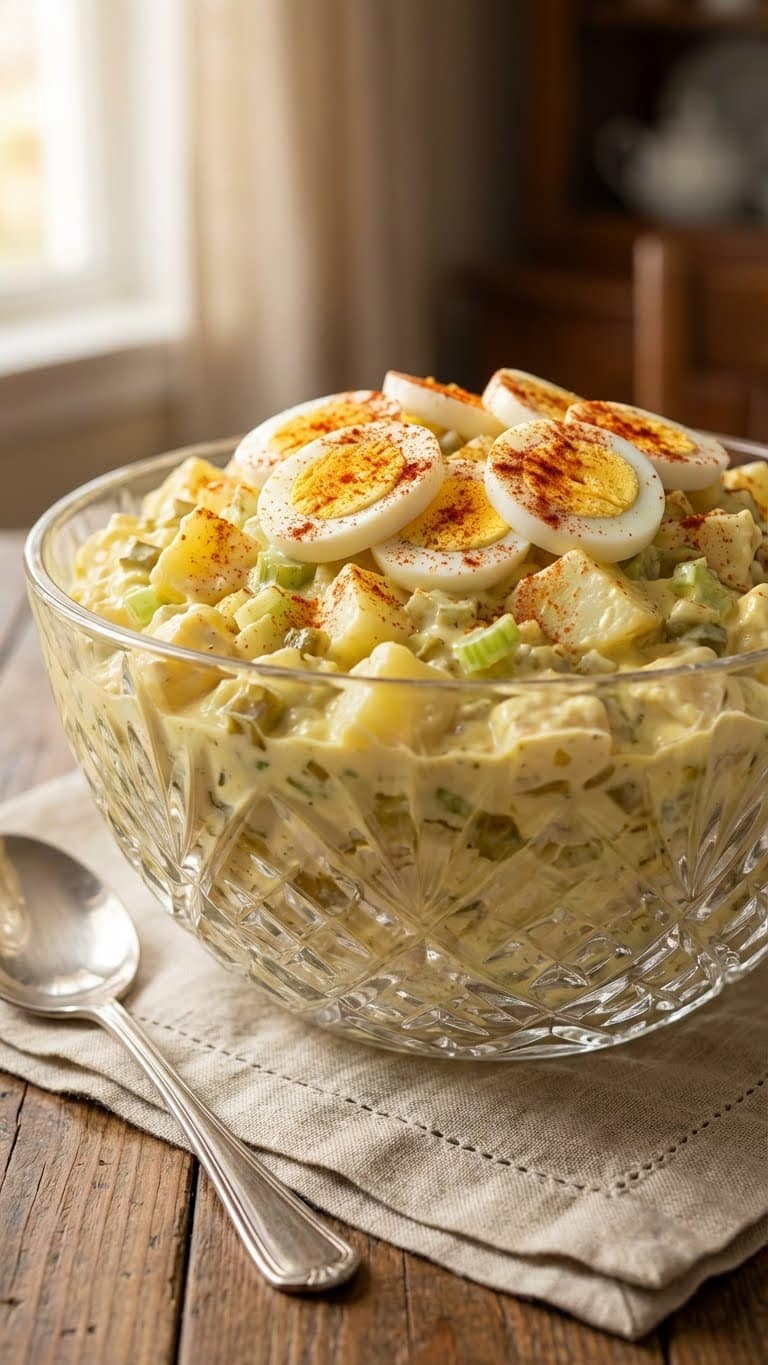 Old fashioned potato salad in a glass bowl topped with sliced hard boiled eggs and paprika.