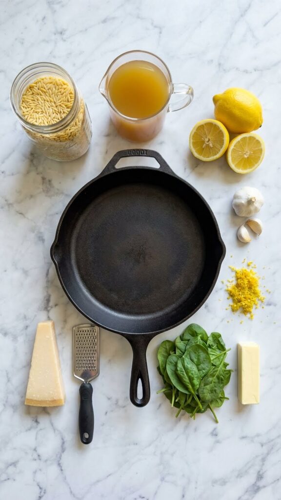 Overhead flat lay of ingredients for lemon orzo surrounding a skillet: dry orzo, broth, fresh lemons, garlic, Parmesan, spinach, and butter.
