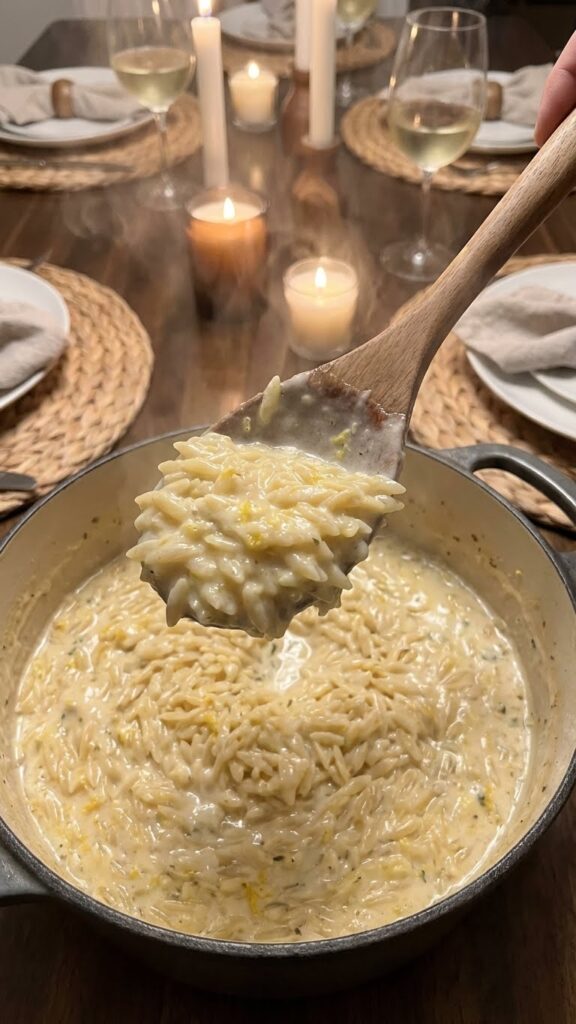 A close-up POV shot of a serving spoon scooping up hot, creamy lemon orzo pasta with steam rising.