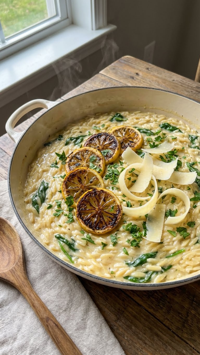 A large pot filled with creamy lemon orzo pasta, garnished with spinach, lemon slices, parsley, and Parmesan cheese, sitting on a rustic table.