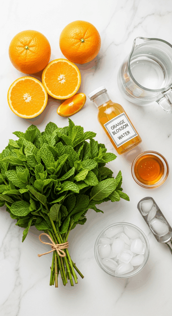Overhead view of ingredients for the refresher beverage: fresh oranges, mint leaves, a bottle of orange blossom water, sweetener, and ice on a marble surface.
