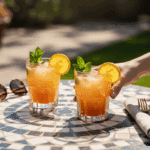 Two glasses of orange blossom mint refresher on a patio table in the sunlight, with a hand reaching for one glass.