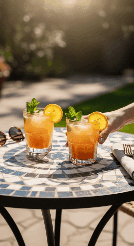 Two glasses of orange blossom mint refresher on a patio table in the sunlight, with a hand reaching for one glass.