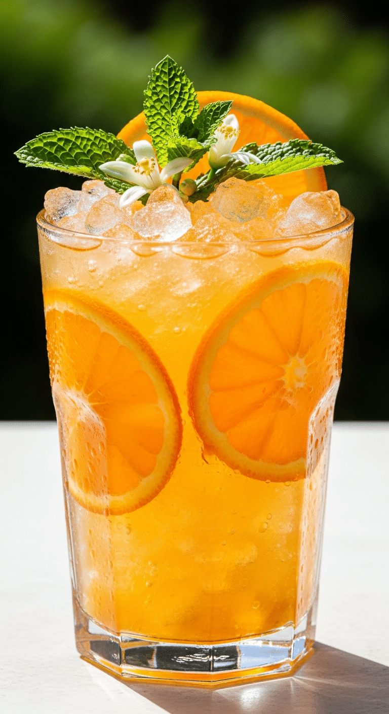 A tall glass of iced orange blossom mint refresher with condensation, garnished with fresh mint, orange slices, and white flowers, backlit by sunlight.