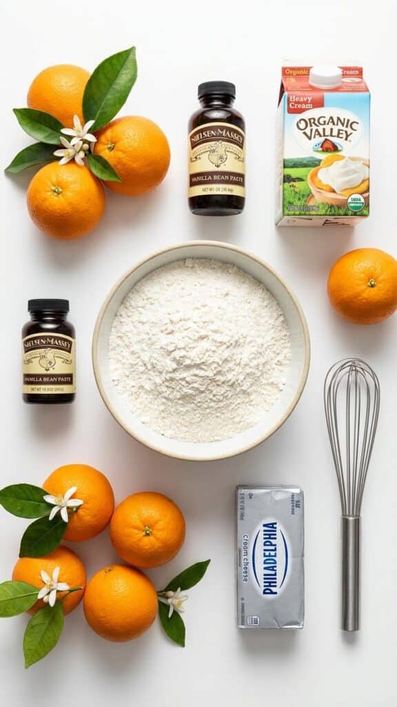 Flat lay of ingredients for orange creamsicle cake including oranges, cream, and vanilla bean.