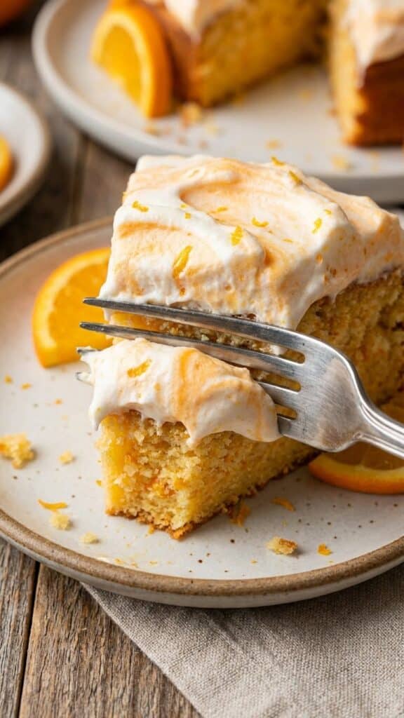 Close-up of a fork cutting into a fluffy slice of orange and vanilla cake.