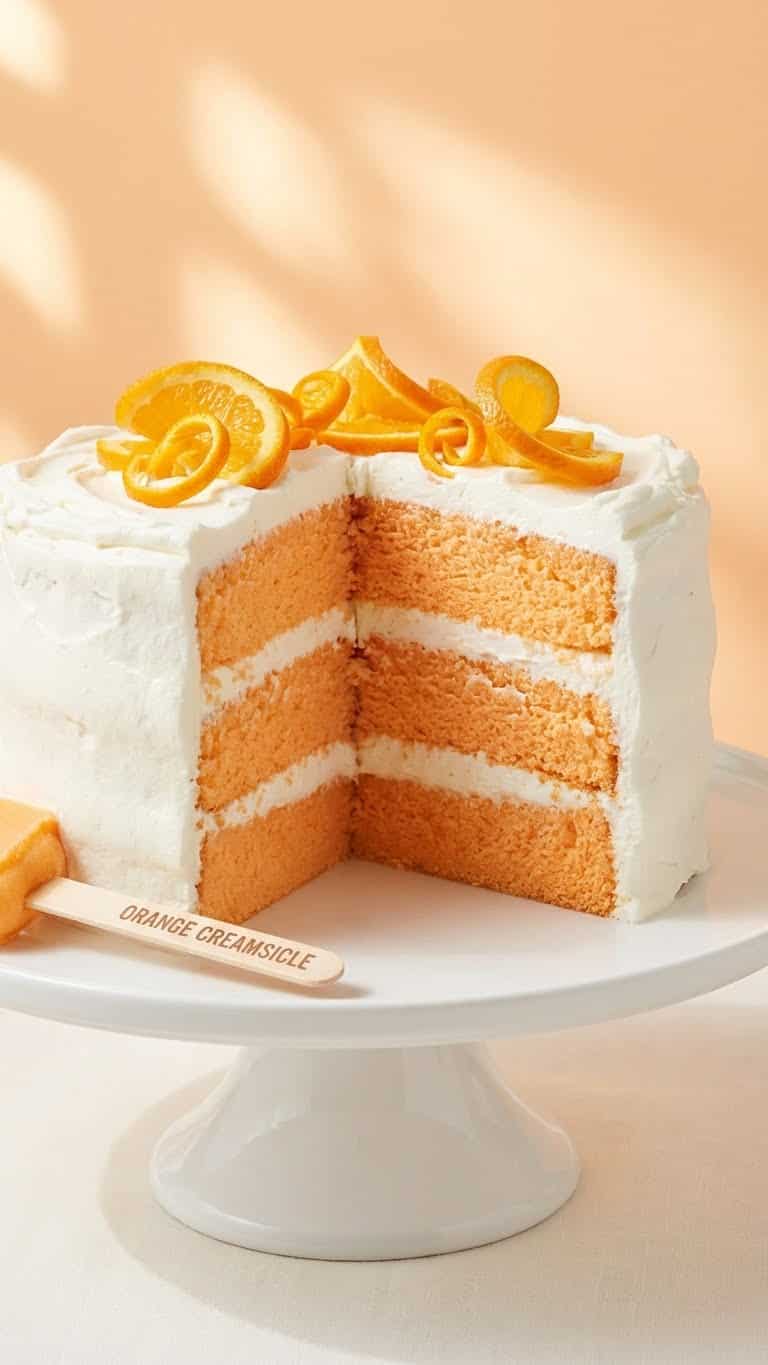 A three-layer orange cake with white whipped cream frosting, garnished with orange twists.