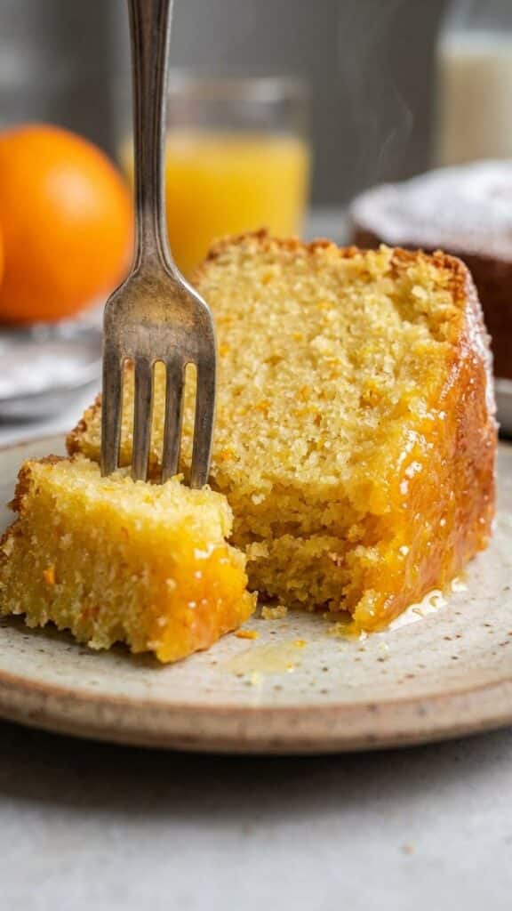 Close-up of a slice of orange juice cake showing the moist, syrup-soaked crumb.