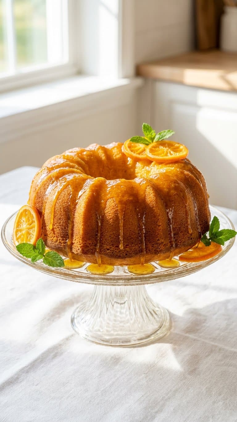 A golden orange juice bundt cake dripping with sticky glaze on a cake stand.