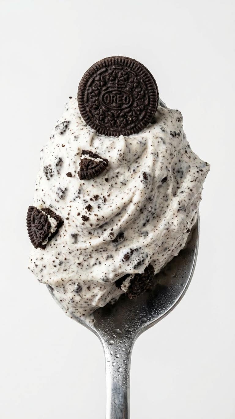 A close-up of a spoonful of creamy Oreo fluff dessert salad with cookie chunks.