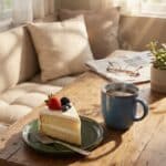 A slice of Oreo cinnamon cake served with a cup of hot coffee.