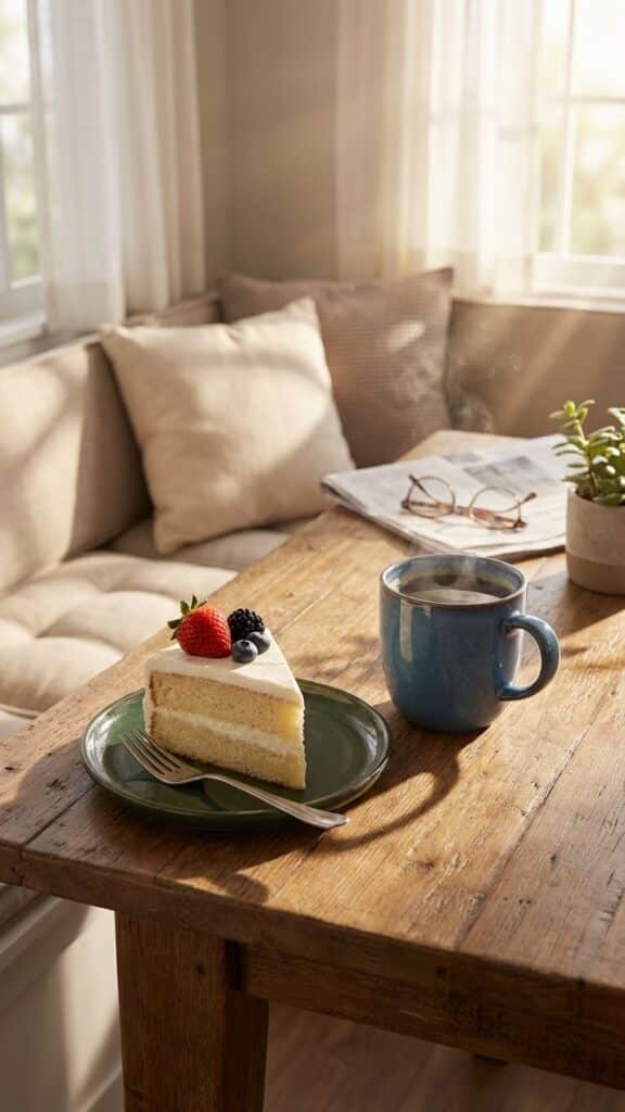 A slice of Oreo cinnamon cake served with a cup of hot coffee.