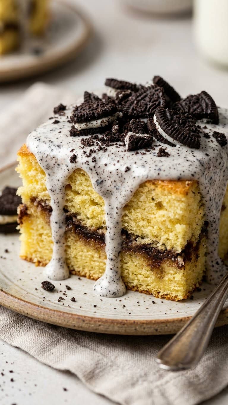 A slice of yellow honeybun cake with a cinnamon oreo swirl and cookies and cream glaze.