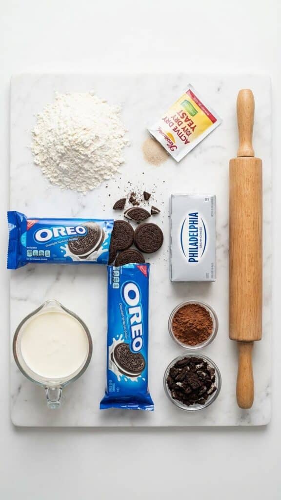 Flat lay of ingredients for Oreo cinnamon rolls including flour, yeast, and heavy cream.