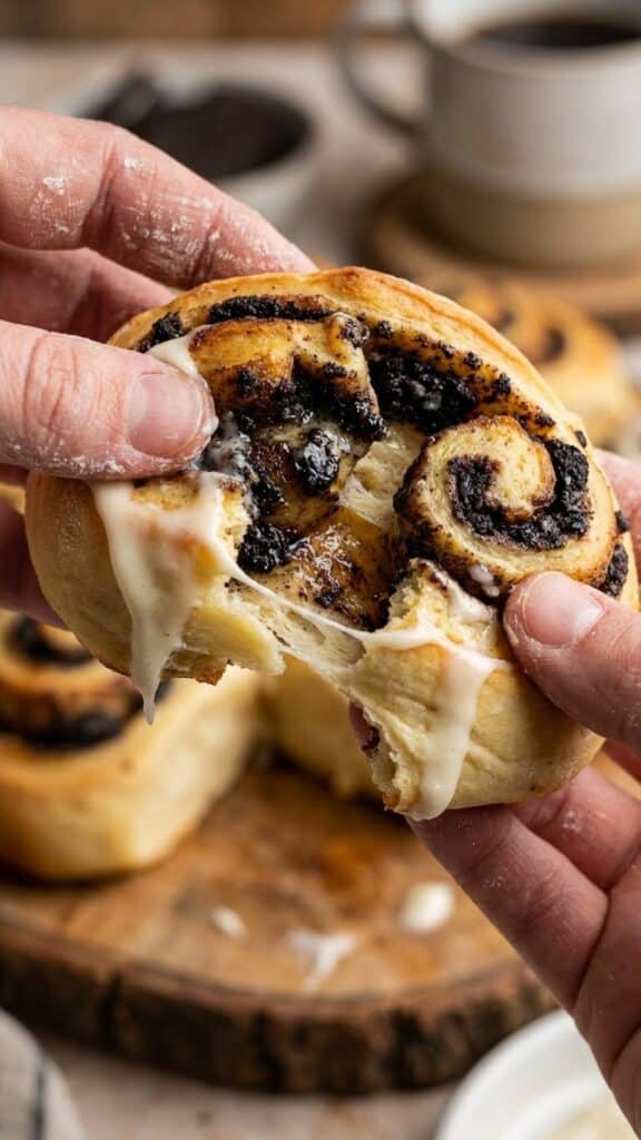 Close-up of a hand unrolling a soft, gooey Oreo cinnamon roll.