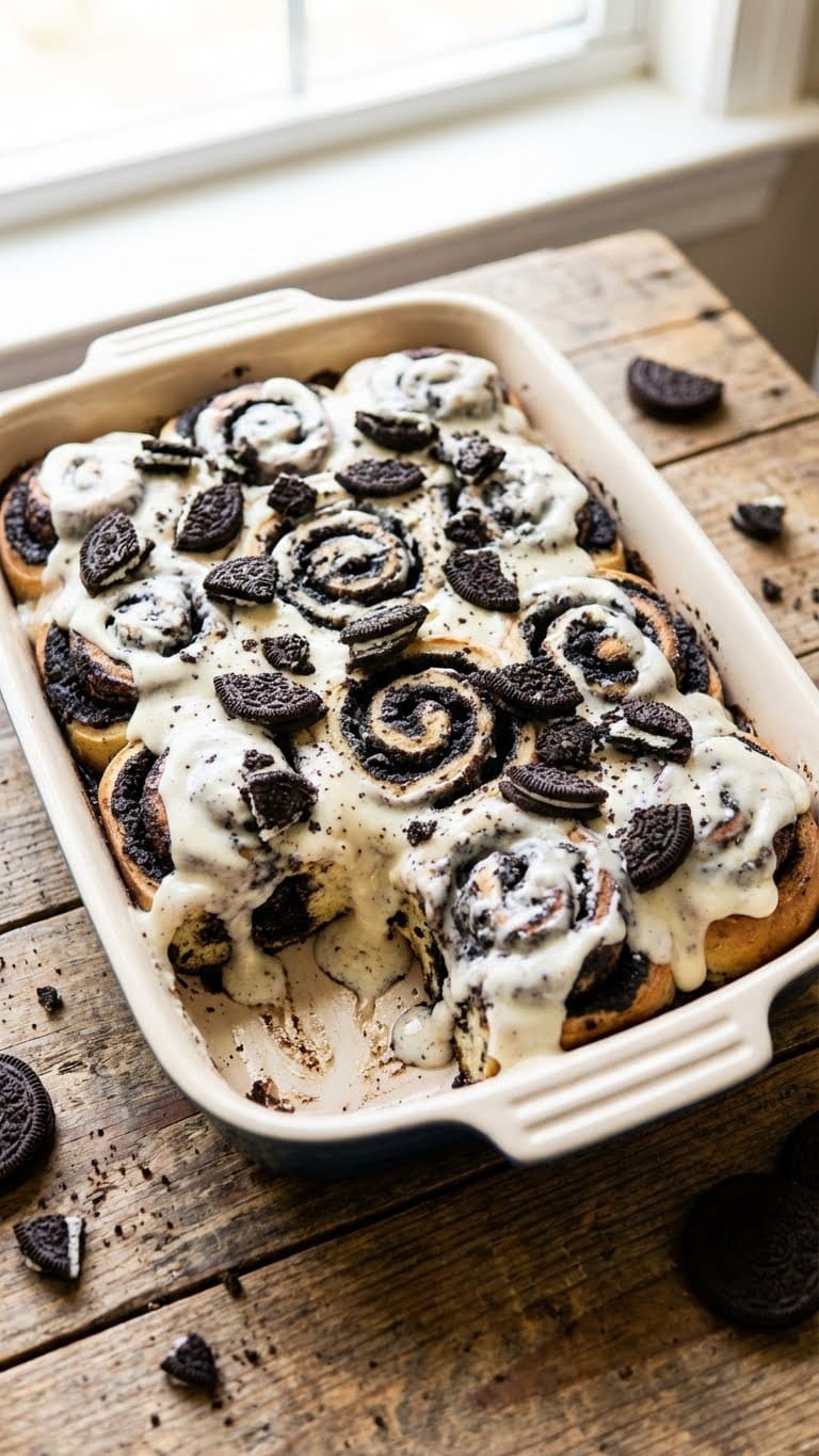 A pan of fresh baked Oreo cinnamon rolls covered in white frosting and cookie chunks.