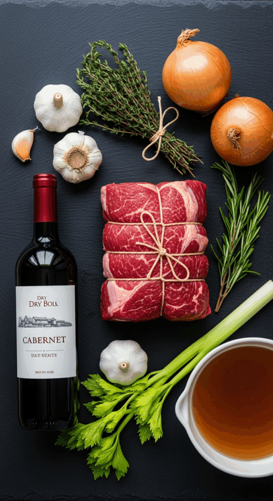 Ingredients for pot roast including tied beef, red wine, garlic, and fresh herbs on a slate background.