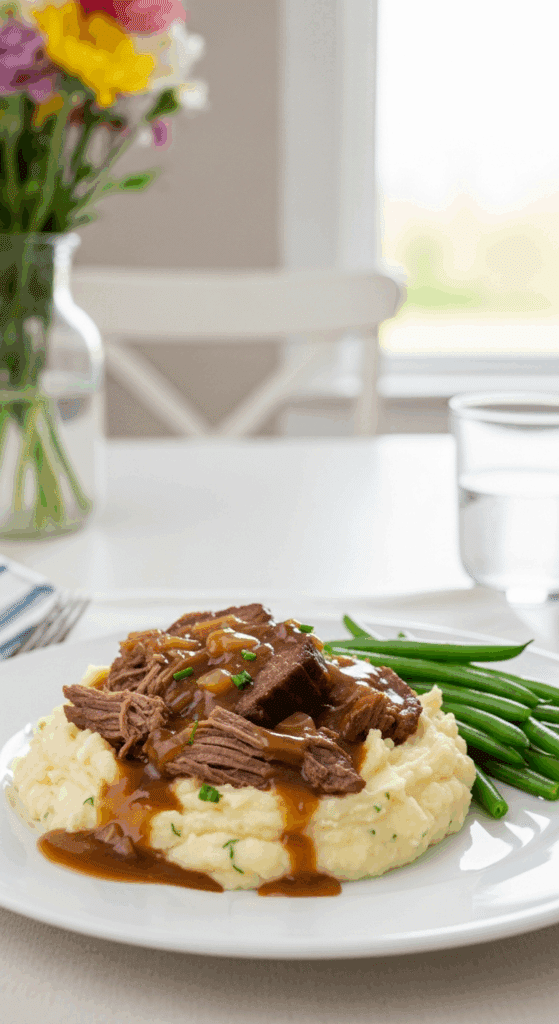 Plated Pot Roast served over creamy mashed potatoes with green beans on a bright table.