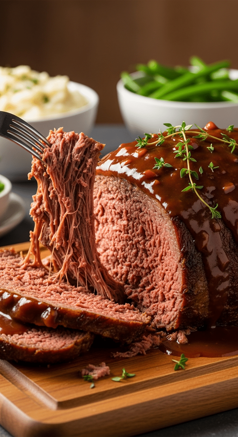 Close-up of a tender pot roast on a carving board with a slice being pulled away, covered in gravy.