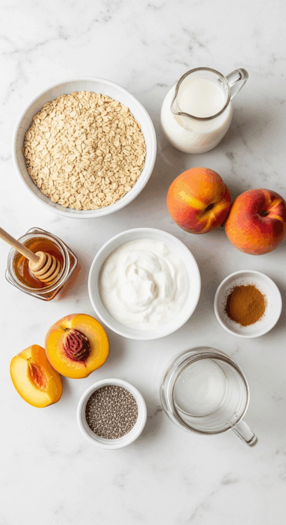 Overhead view of ingredients for peach overnight oats: rolled oats, milk, yogurt, fresh peaches, honey, chia seeds, and an empty jar on a white counter.