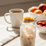 A jar of peach overnight oats on a breakfast table with a spoon lifting a creamy bite, set against a background of coffee and a newspaper in sunlight.