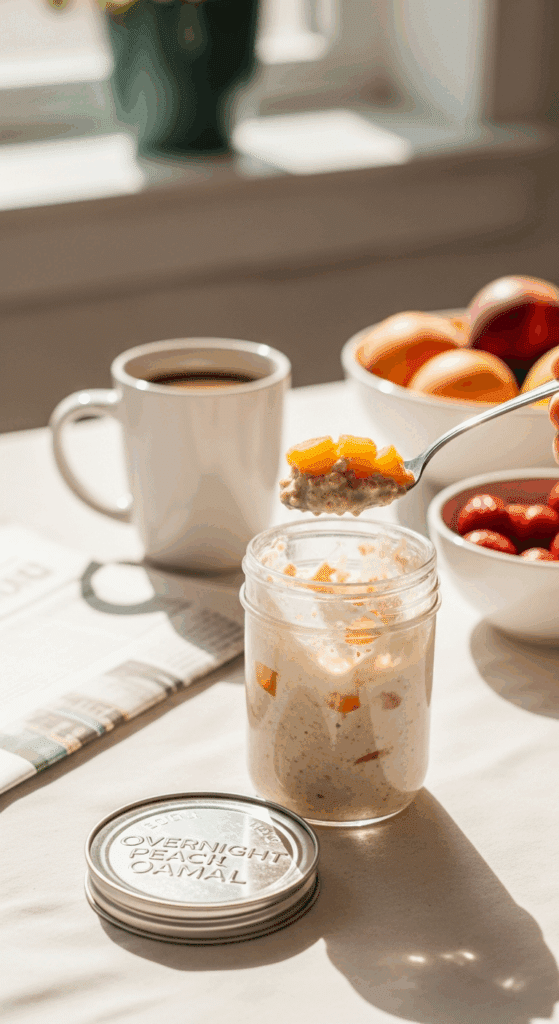 A jar of peach overnight oats on a breakfast table with a spoon lifting a creamy bite, set against a background of coffee and a newspaper in sunlight.