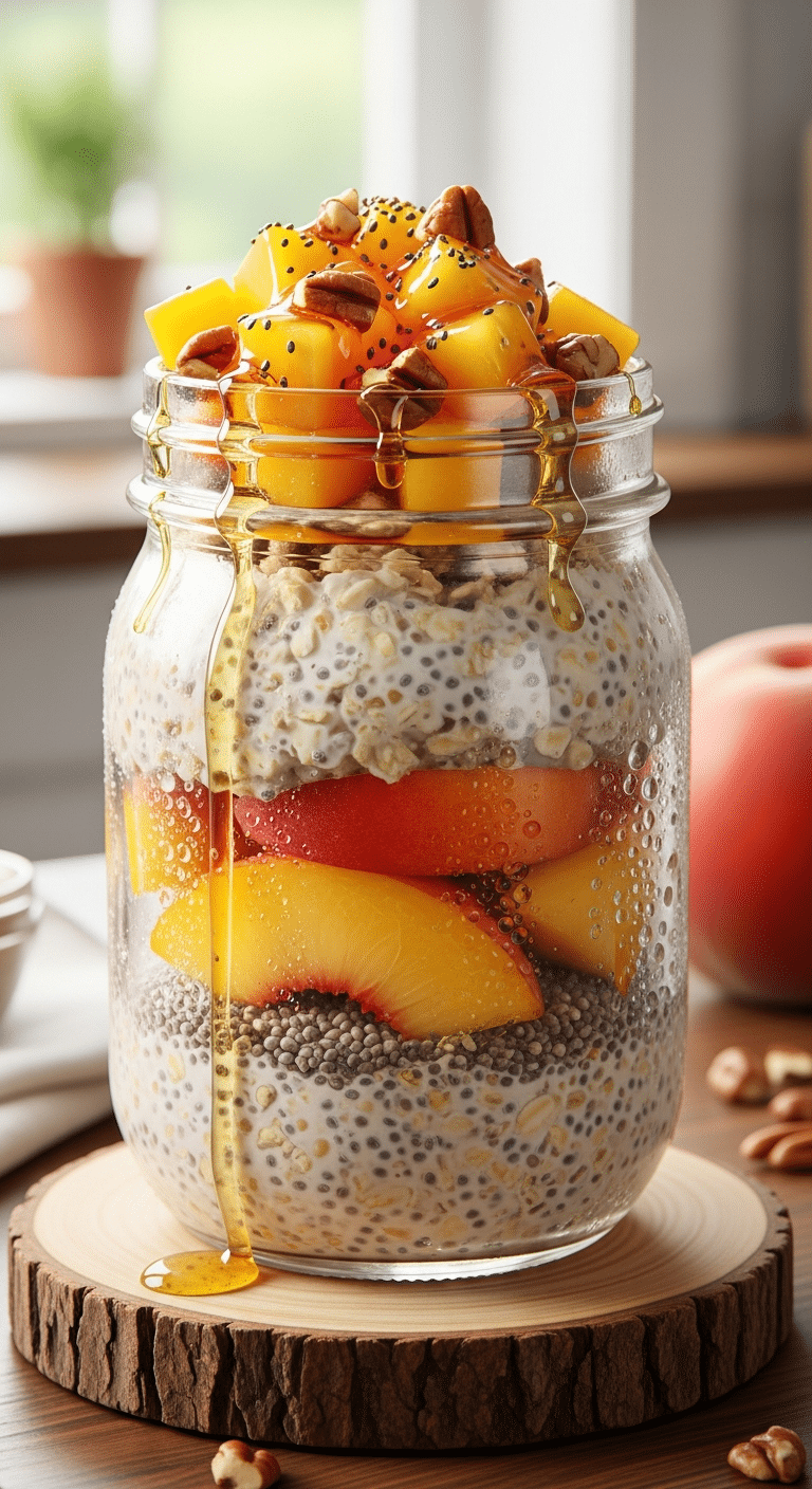 A close-up photograph of overnight oats in a glass mason jar, layered with fresh peach slices and topped with honey and pecans, showing condensation on the cold glass.