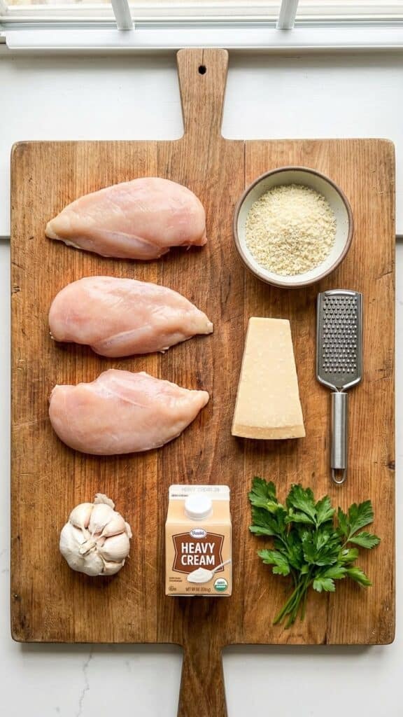 Flat lay of ingredients for parmesan chicken including panko and garlic.