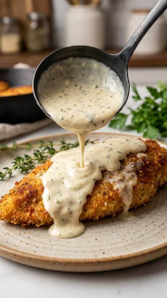 Close-up of creamy garlic sauce being poured over crispy chicken.