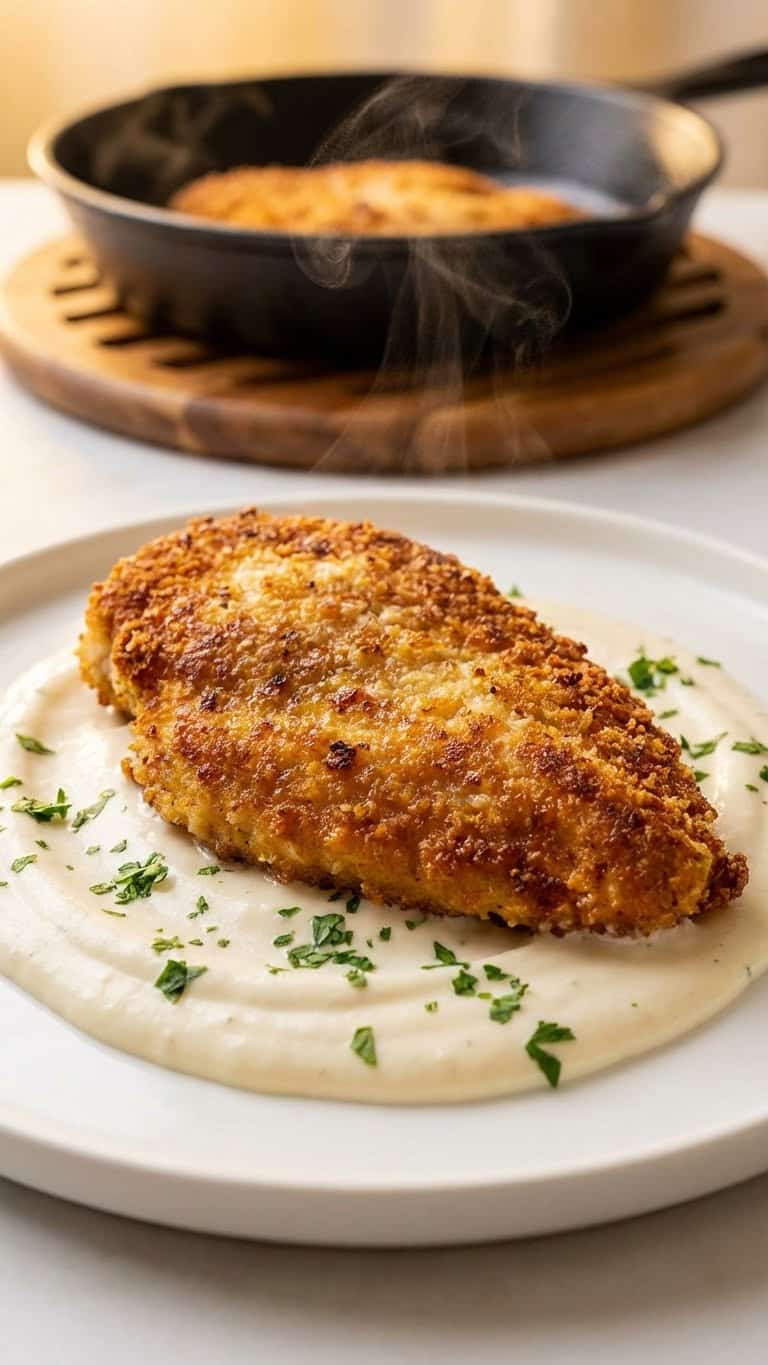 Golden crispy parmesan chicken breast served with creamy garlic sauce.