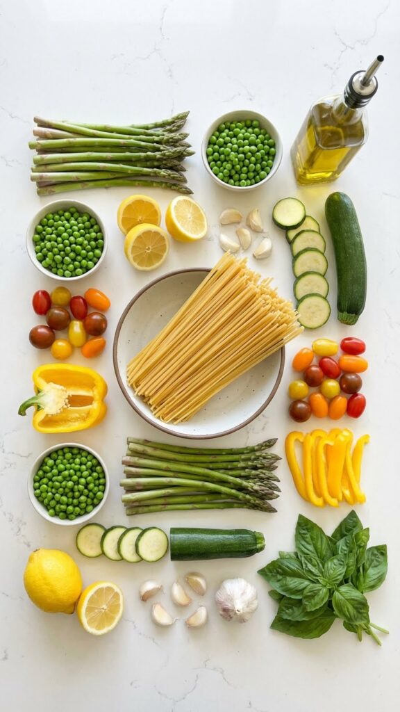 Overhead flat lay view of ingredients for Pasta Primavera: raw asparagus, peas, zucchini, tomatoes, peppers, pasta, lemon, and herbs on a white counter.