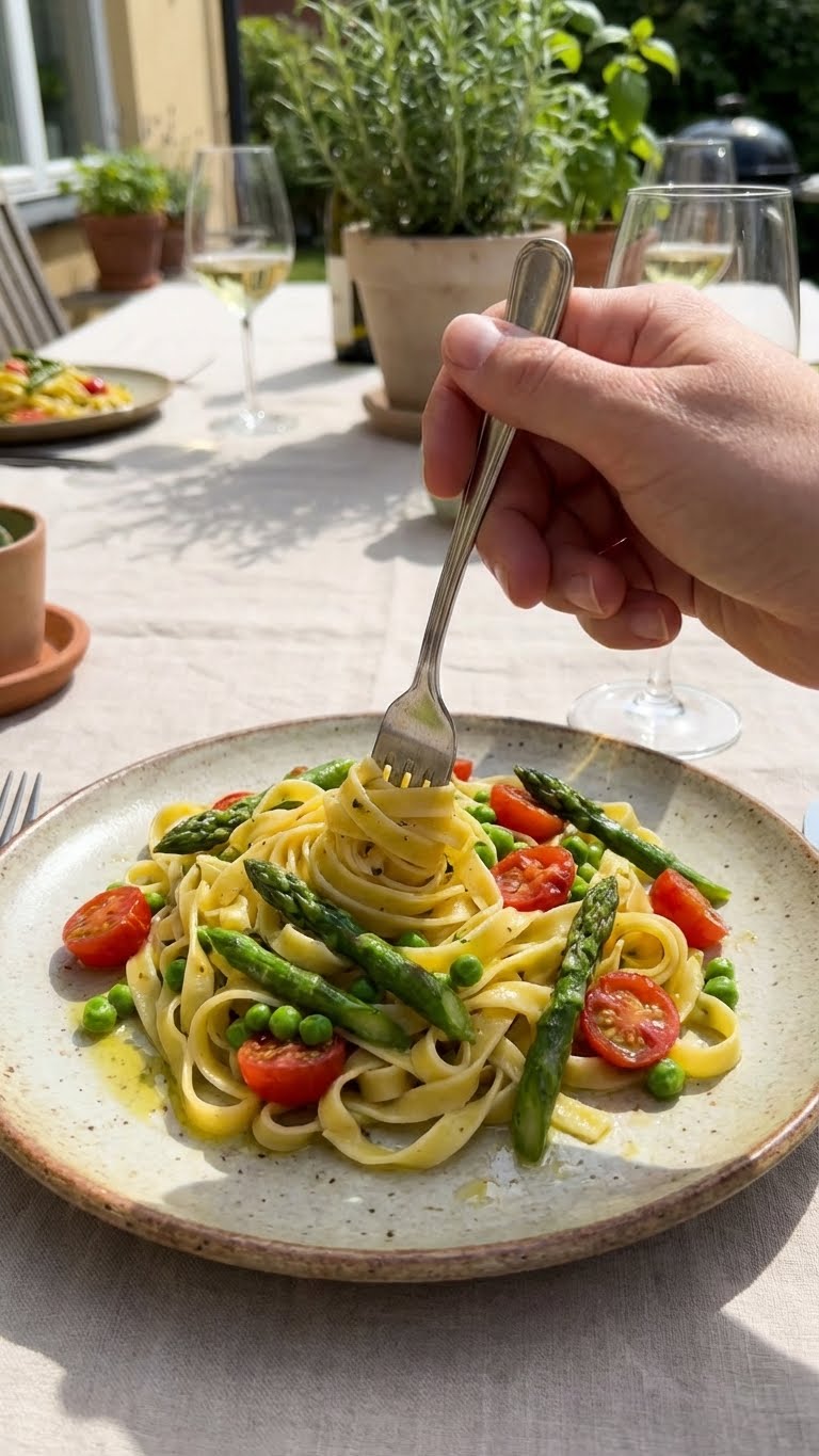 A large serving bowl filled with colorful Pasta Primavera, featuring asparagus, peas, tomatoes, and zucchini in a light sauce, garnished with herbs and cheese.