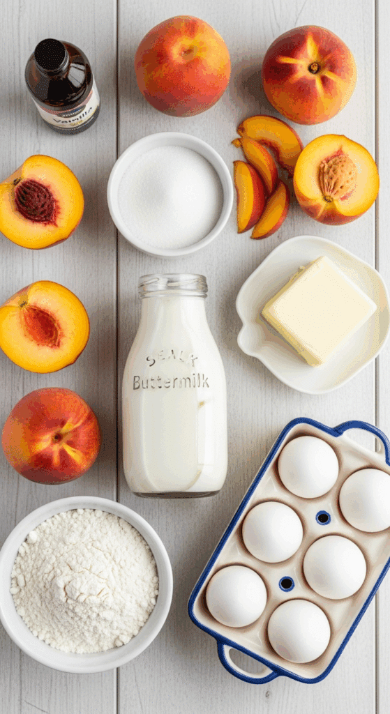 Raw ingredients for peach pound cake including fresh peaches, buttermilk in a bottle, butter, and flour laid out on a wooden table.