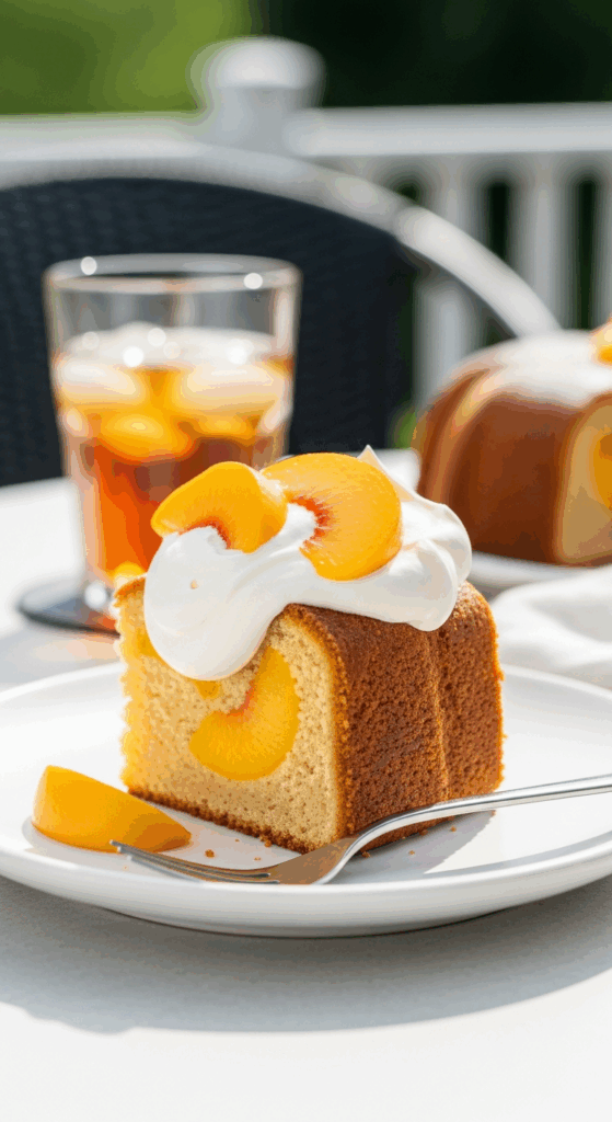 A slice of Peach Buttermilk Pound Cake served with whipped cream and fresh peaches on a patio table.