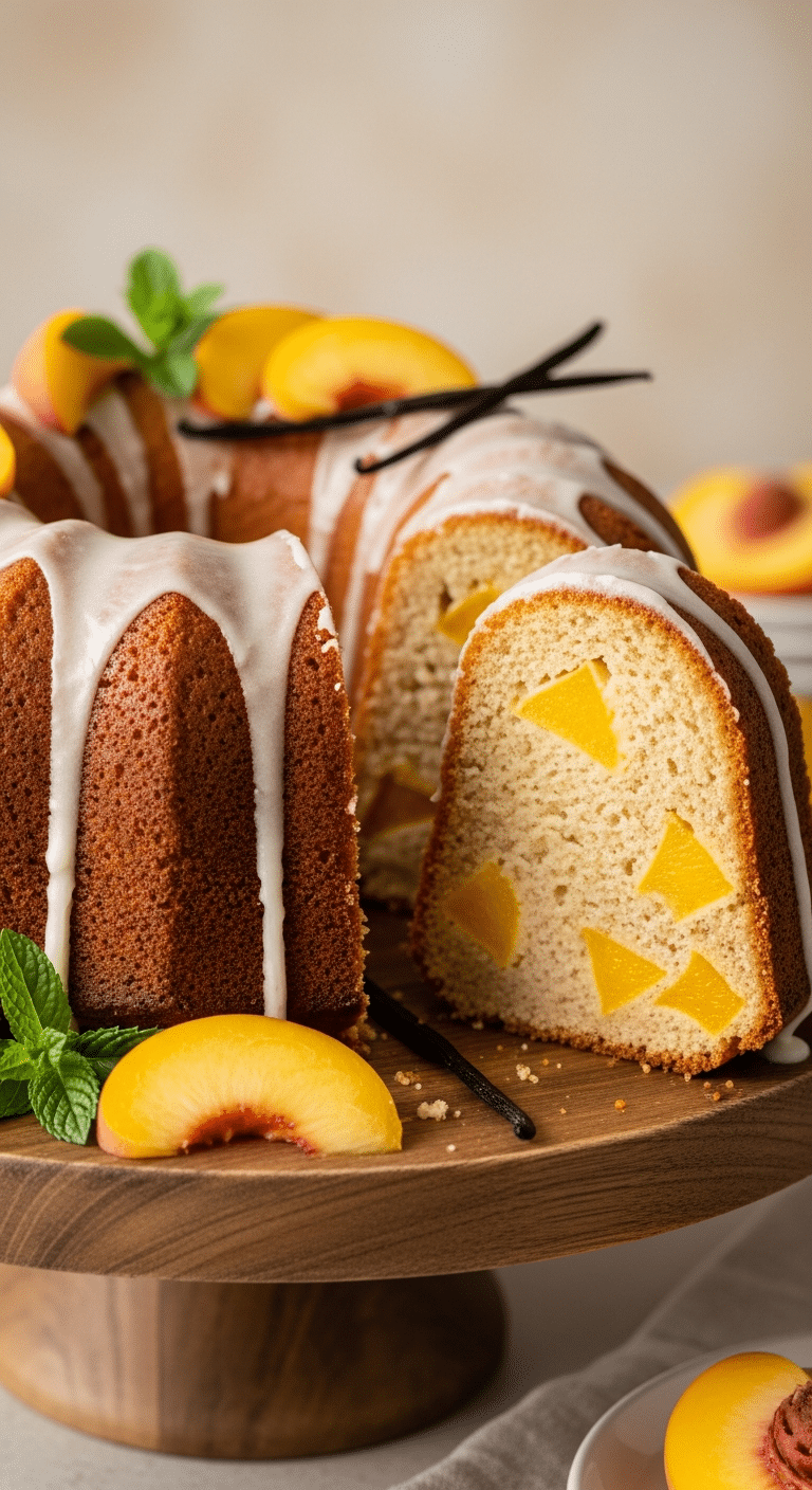 Close-up of a glazed Peach Buttermilk Pound Cake bundt with a slice cut to show the dense, fruit-filled interior crumb.