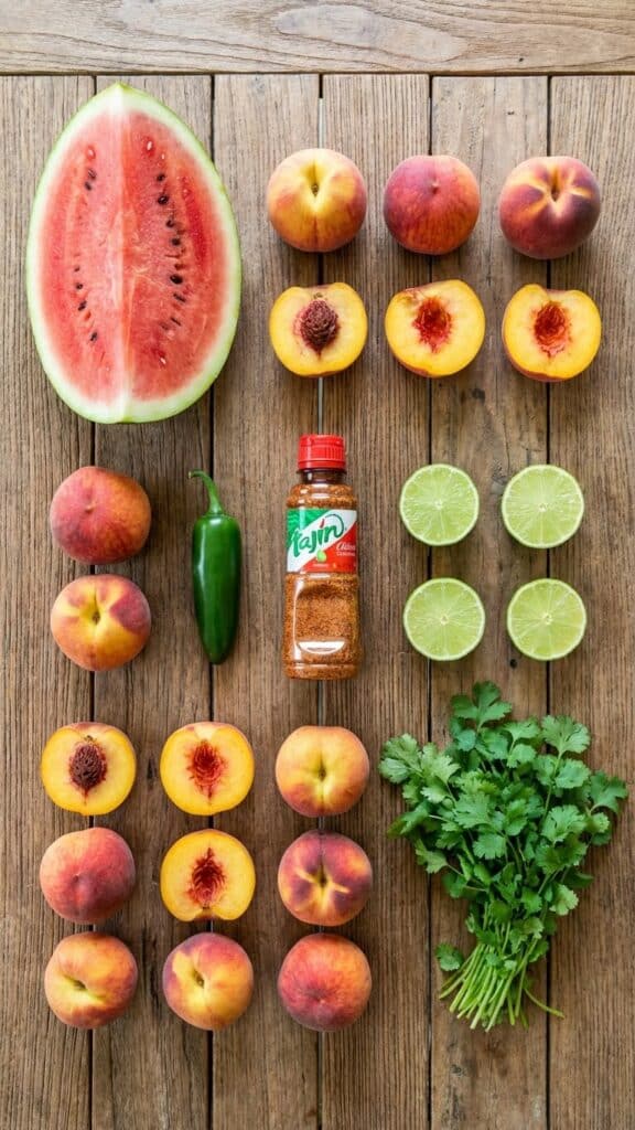 Flat lay of ingredients including watermelon, peaches, jalapeño, and chili-lime seasoning.