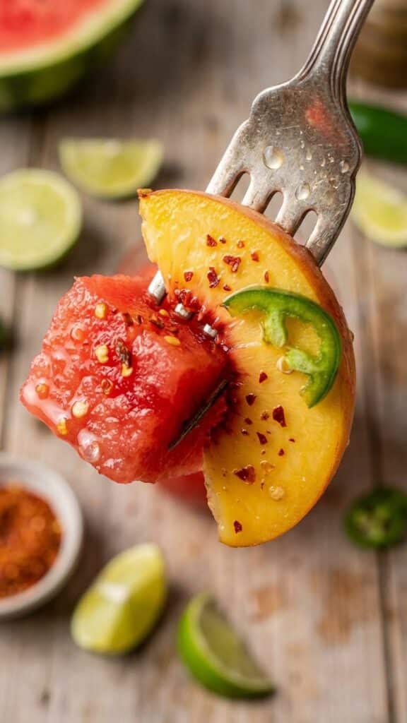 Close-up of a fork with chili-lime seasoned watermelon and peach.