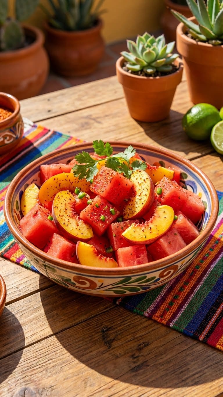 A bowl of watermelon and peach salad seasoned with chili powder, jalapeños, and lime.