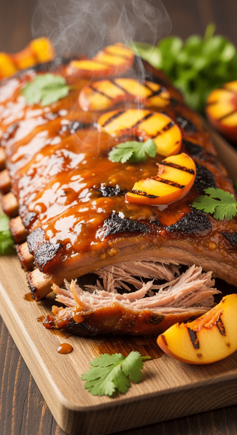 A close-up photograph of a rack of baby back ribs coated in a glossy, sticky peach glaze with char marks, resting on a wooden board with fresh peach slices.