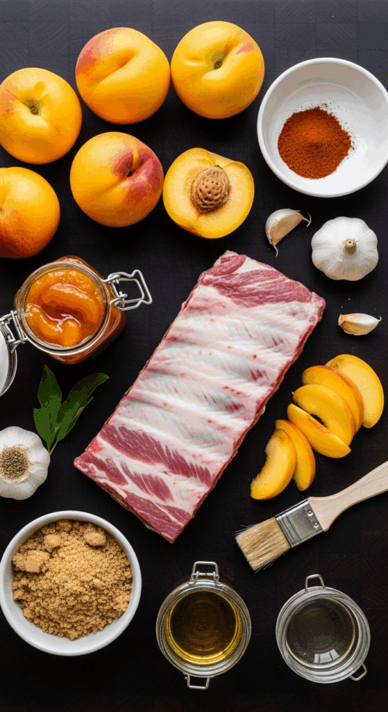 Overhead view of ingredients for peachy ribs: raw pork ribs, fresh peaches, peach preserves, brown sugar, spices, and vinegar arranged on a butcher block.